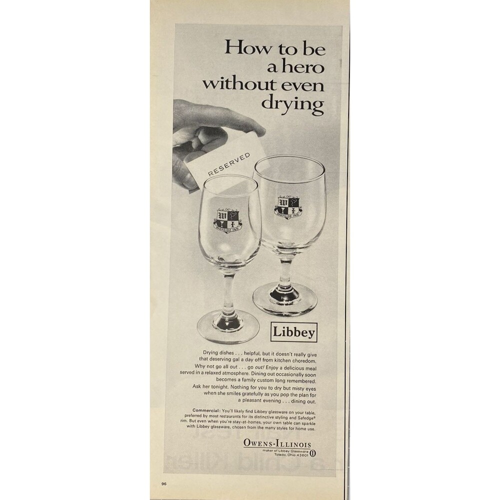 Owens-Illinois Libbey Glassware "Be a Hero w/o even Drying" Vintage Print Ad '68